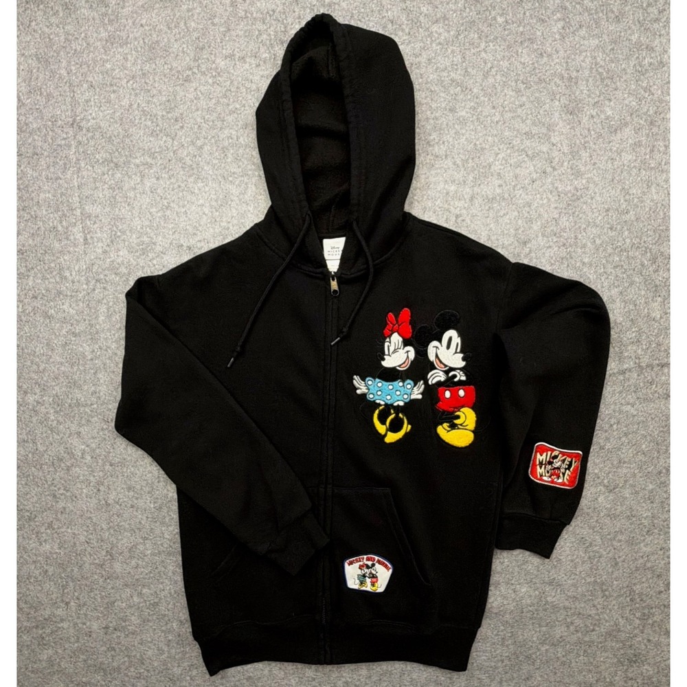 Disney Mickey Mouse Full Zip Hoodie XS Black Embroidered Patch Fleece Graphic